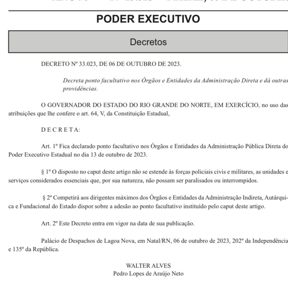 GOVERNO DO RN DECRETA PONTO FACULTATIVO NA PRÓXIMA SEXTA-FEIRA (13)