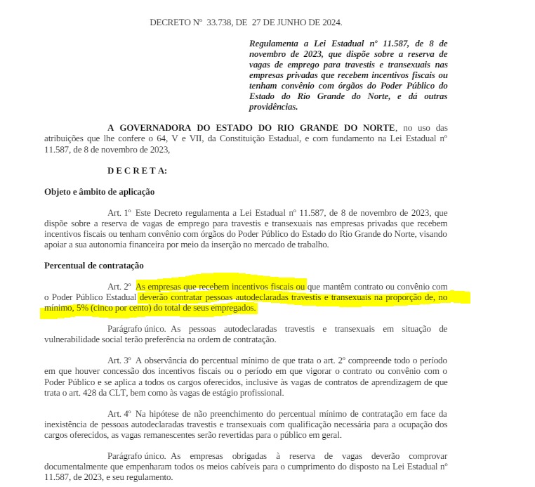 GOVERNO DO RN PUBLICA DECRETO REGULAMENTANDO LEI QUE OBRIGA EMPRESAS QUE RECEBEM INCENTIVOS FISCAIS OU TÊM CONTRATO COM O ESTADO A CONTRATAR TRAVESTIS E TRANSEXUAIS