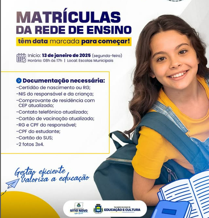 PREFEITURA DE SÍTIO NOVO INICIOU NESTA SEGUNDA-FEIRA (13) MATRÍCULAS DA REDE MUNICIPAL DE ENSINO; CONFIRA