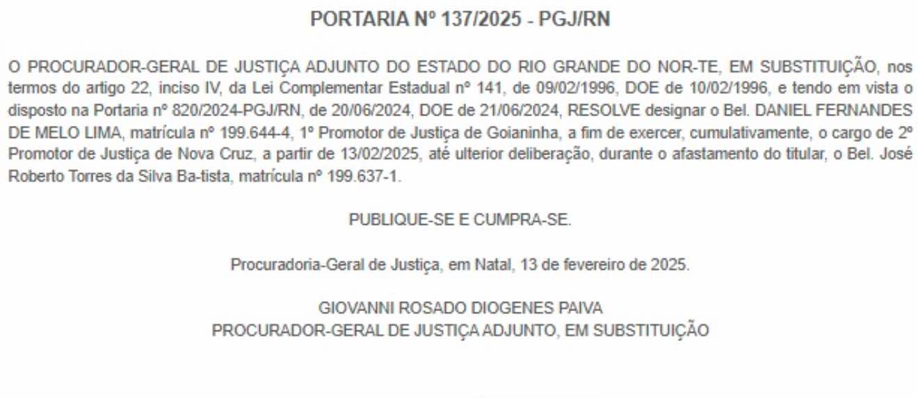PROMOTOR DA COMARCA DE GOIANINHA IRÁ CUMULAR TITULARIDADE COM A COMARCA DE NOVA CRUZ