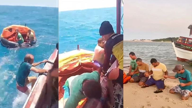 VÍDEO: PESCADORES DO RN SÃO RESGATADOS NO LITORAL DO CEARÁ APÓS 11 HORAS À DERIVA: ‘MARÉ ENGOLIU O BARCO’